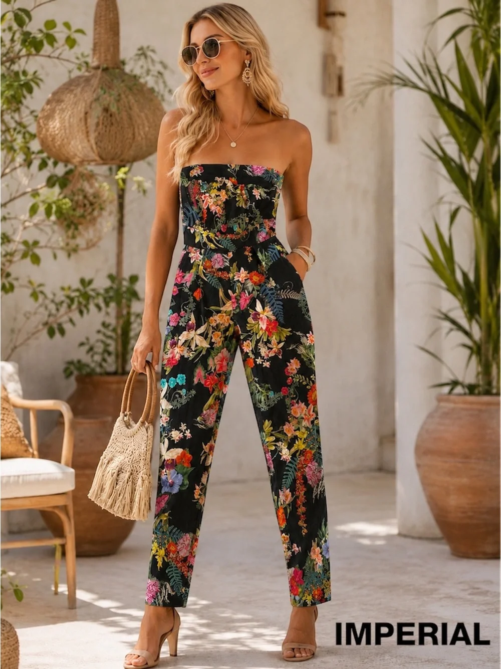 🛍️SALE🛍️IMPERIAL Elegant Strapless Jumpsuit with Vibrant Floral Tropical Pattern - Picture 1 of 7